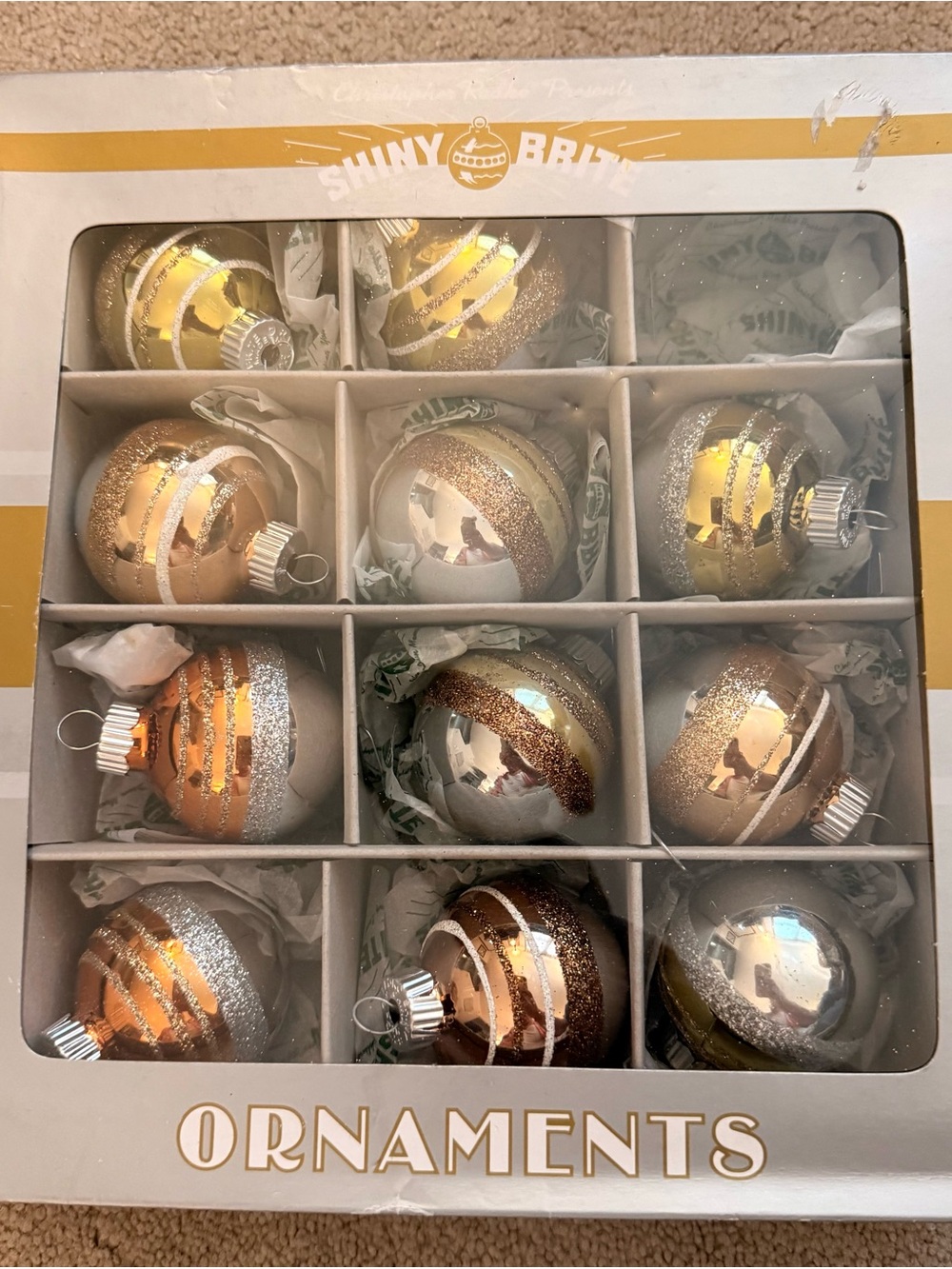 Gold and Silver Shiny Brite Holiday Ornament Set – 12-Pack